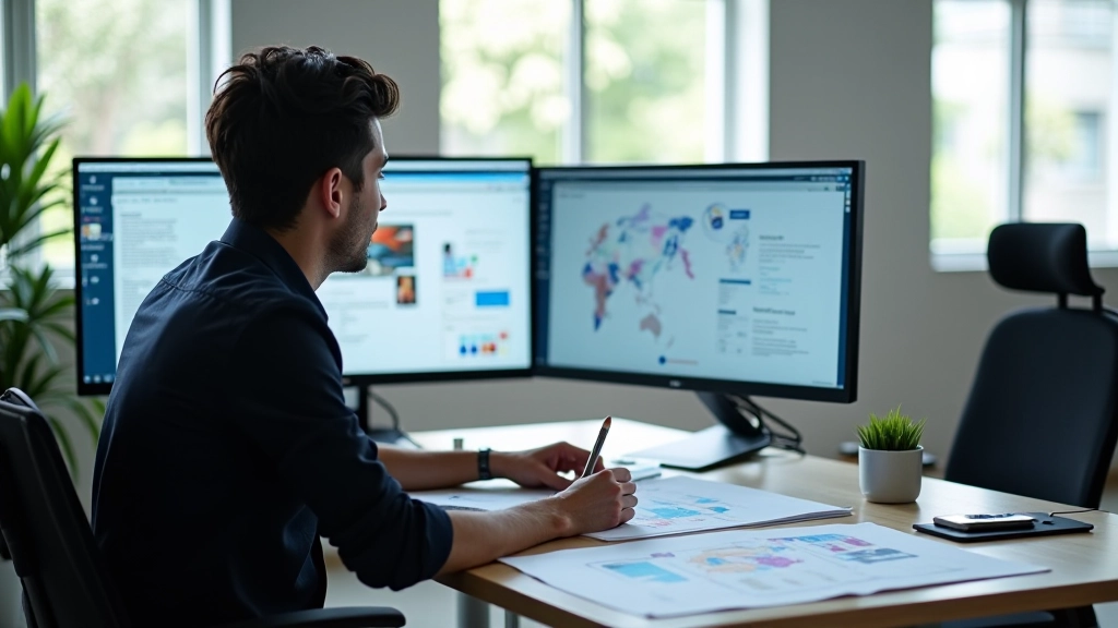 Designer working at computer with design software open on dual monitors in modern studio workspace
