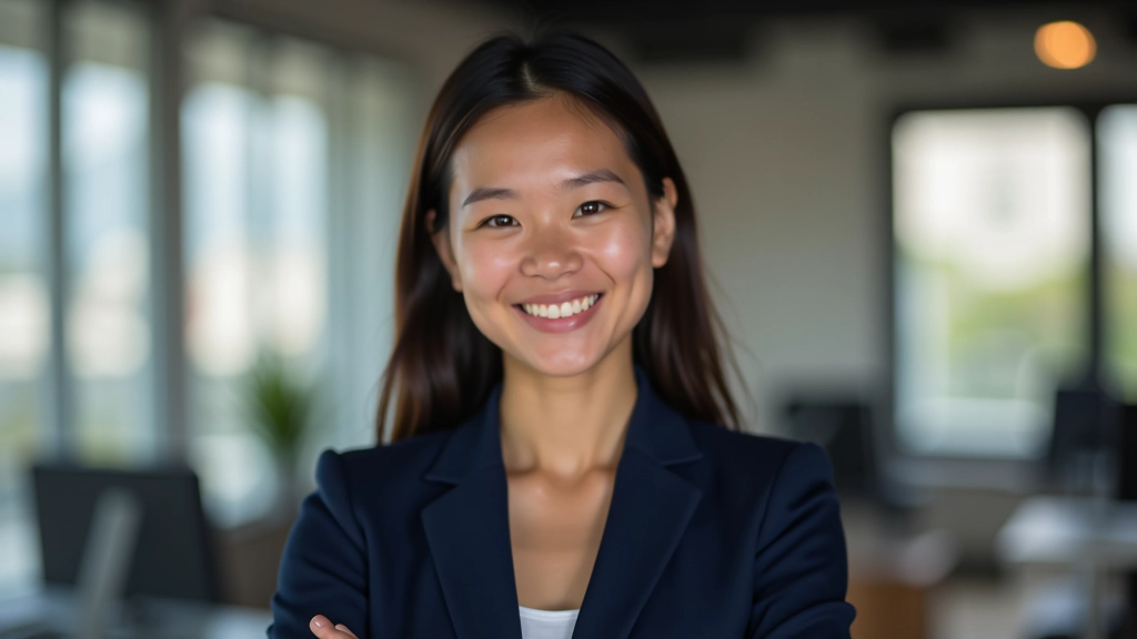 Professional female designer, portrait shot from chest up, warm smile, modern office background, confident posture