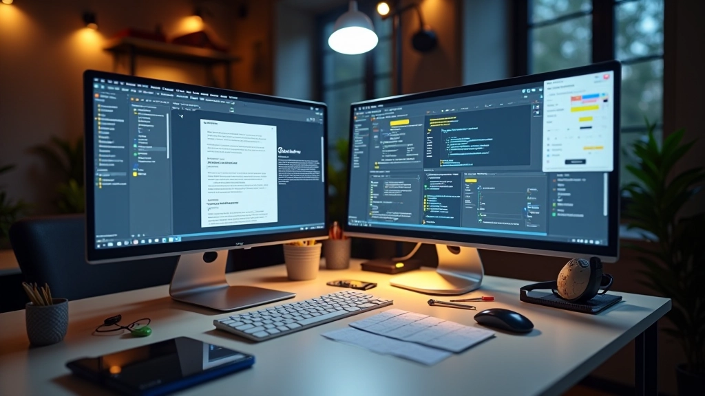 Modern design studio workspace with computer monitors and design tools on desk